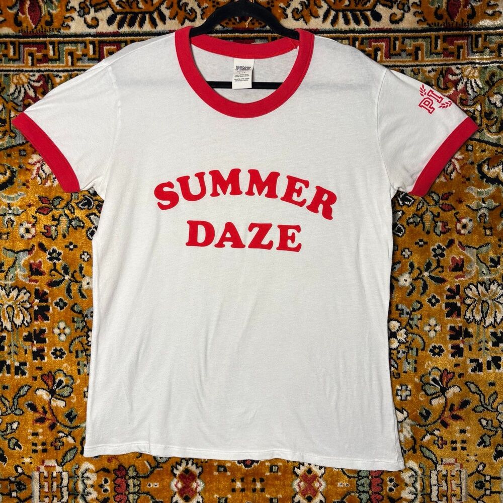 PINK Victoria's Secret "Summer Daze" Red Ringer Graphic Tee Size L - Picture 4 of 6